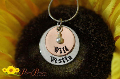 Two Disc Stacked Necklace, Hand Stamped, Personalized Mother's Necklace, Two Name Jewelry, Mixed Metals, Pearl, Grandmother Gift