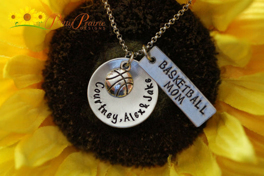 Basketball Mom Name Necklace, Hand Stamped, Player's Names, Personalized Basketball, Basketball Keychain, Basketball Jewelry, Team Mom Gift