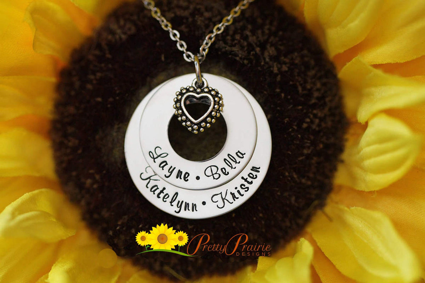 Double Washer Necklace, Hand Stamped, Heart Charm, Mother's Day, Personalized, Best Friend Gift, Family Necklace, Grandma Gift