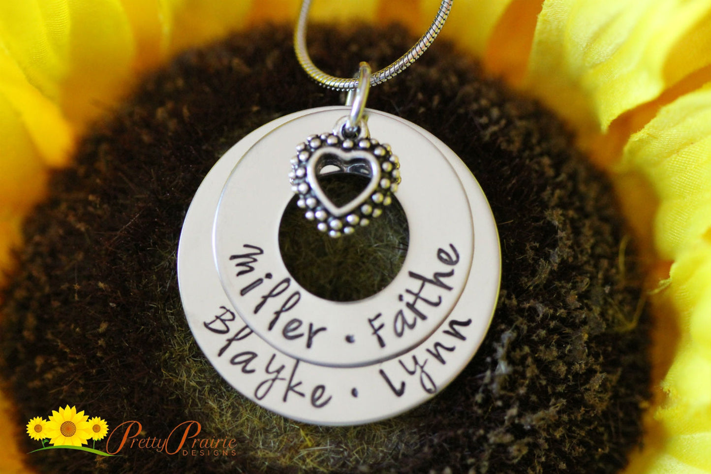 Double Washer Necklace, Hand Stamped, Heart Charm, Mother's Day, Personalized, Best Friend Gift, Family Necklace, Grandma Gift