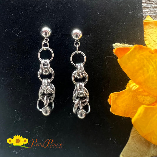 Long Chainmail Earrings, Silver Interlocking Circle Earrings, Multi Circle Dangles, Nickel Free Silver Jewelry, Silver Earrings for Her