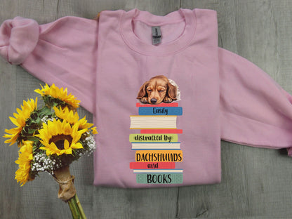 Dachshunds and Books Sweatshirt, Easily Distracted Sweater, Dog Lover Shirt, Librarian Gift, Weiner Dog, Dachshund Mom, Gift For Book Lover