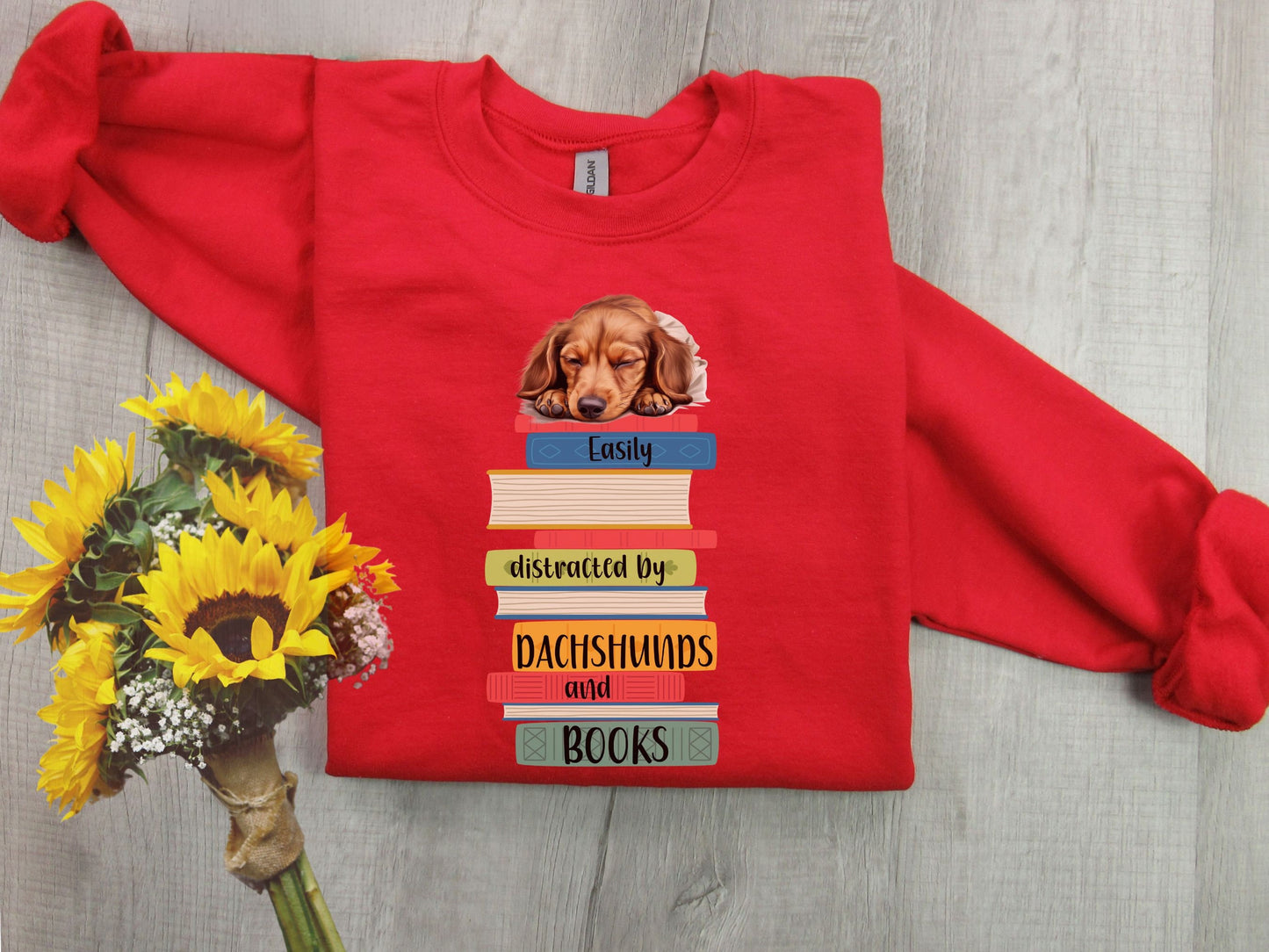 Dachshunds and Books Sweatshirt, Easily Distracted Sweater, Dog Lover Shirt, Librarian Gift, Weiner Dog, Dachshund Mom, Gift For Book Lover