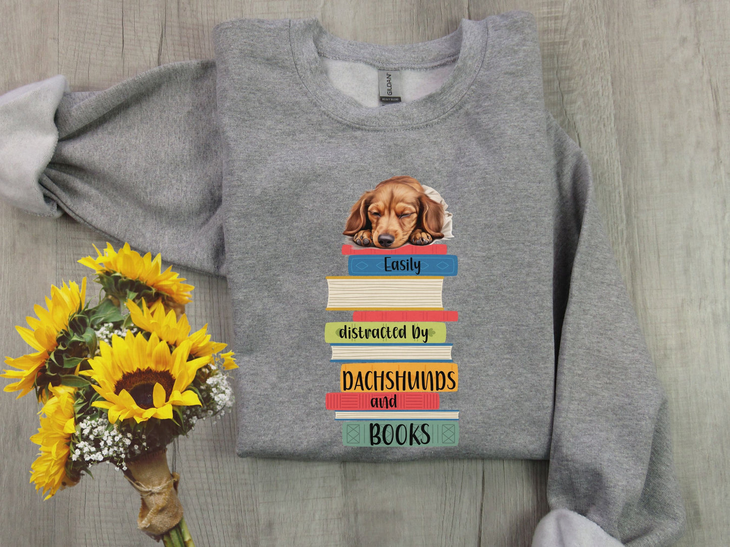 Dachshunds and Books Sweatshirt, Easily Distracted Sweater, Dog Lover Shirt, Librarian Gift, Weiner Dog, Dachshund Mom, Gift For Book Lover