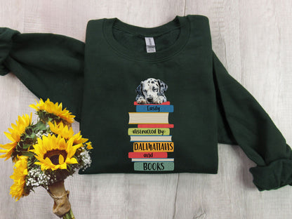 Dalmatians and Books Sweatshirt, Easily Distracted Sweater, Dog Lover Shirt, Librarian Gift, Dalmatian Shirt, Dog Mom, Gift For Book Lover