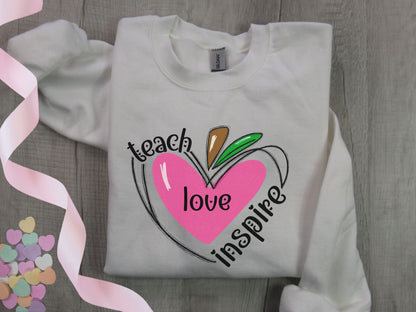 Valentine Teacher Sweatshirt, Teach Love Inspire Sweatshirt, Valentine Gift for Teacher, Apple Heart Shirt, Teacher Valentine Sweatshirt