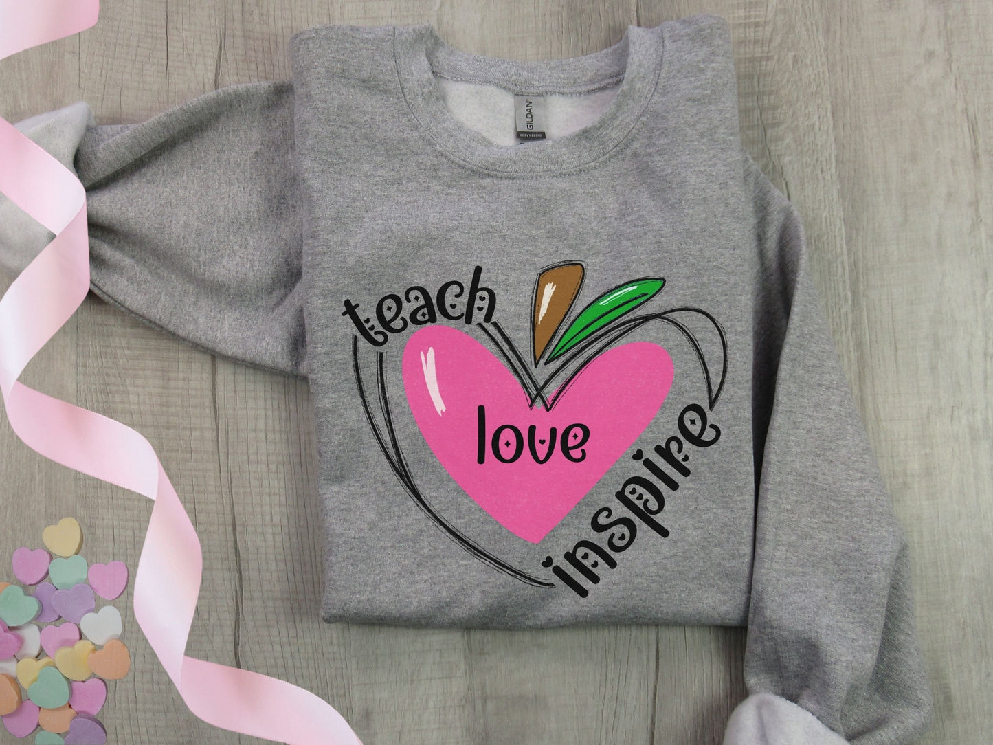 Valentine Teacher Sweatshirt, Teach Love Inspire Sweatshirt, Valentine Gift for Teacher, Apple Heart Shirt, Teacher Valentine Sweatshirt