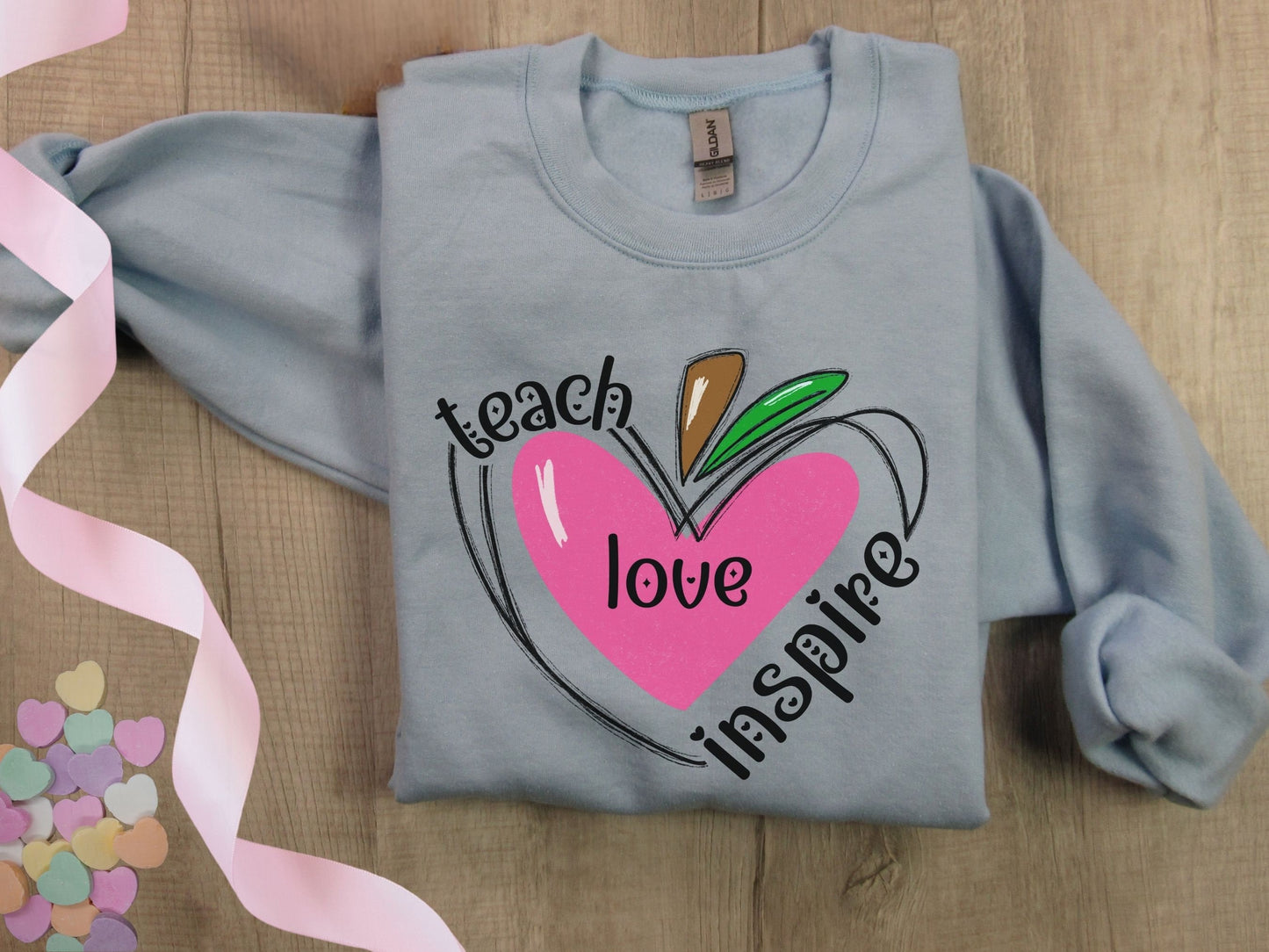 Valentine Teacher Sweatshirt, Teach Love Inspire Sweatshirt, Valentine Gift for Teacher, Apple Heart Shirt, Teacher Valentine Sweatshirt