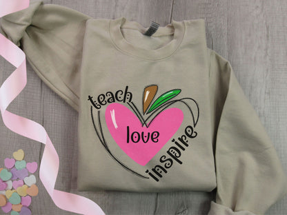 Valentine Teacher Sweatshirt, Teach Love Inspire Sweatshirt, Valentine Gift for Teacher, Apple Heart Shirt, Teacher Valentine Sweatshirt