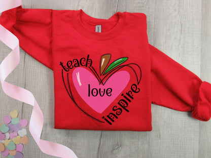 Valentine Teacher Sweatshirt, Teach Love Inspire Sweatshirt, Valentine Gift for Teacher, Apple Heart Shirt, Teacher Valentine Sweatshirt