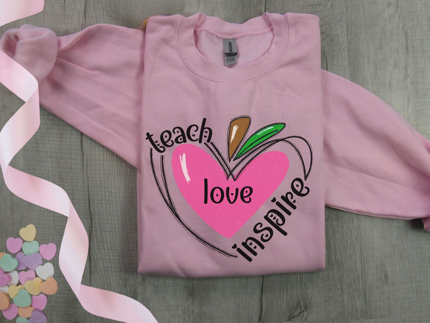 Valentine Teacher Sweatshirt, Teach Love Inspire Sweatshirt, Valentine Gift for Teacher, Apple Heart Shirt, Teacher Valentine Sweatshirt