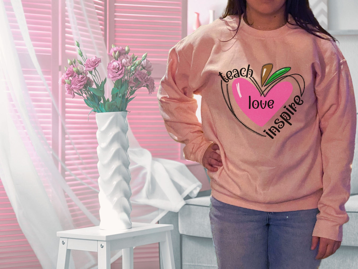 Valentine Teacher Sweatshirt, Teach Love Inspire Sweatshirt, Valentine Gift for Teacher, Apple Heart Shirt, Teacher Valentine Sweatshirt