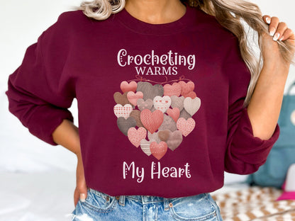 Crochet Heart Sweatshirt, Crocheting Warms My Heart Sweatshirt, Love to Crochet, Crochet Valentine, Crochet Lover Shirt, Gift for Crocheter