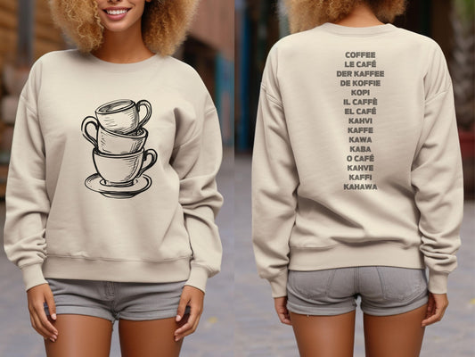 Coffee Lover Sweatshirt, Multi Language Coffee Shirt, Front and Back Coffee Sweatshirt, Unisex Coffee Sweater, Coffee Addict, Latte Shirt