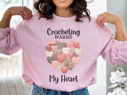 Crochet Heart Sweatshirt, Crocheting Warms My Heart Sweatshirt, Love to Crochet, Crochet Valentine, Crochet Lover Shirt, Gift for Crocheter