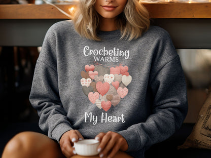 Crochet Heart Sweatshirt, Crocheting Warms My Heart Sweatshirt, Love to Crochet, Crochet Valentine, Crochet Lover Shirt, Gift for Crocheter