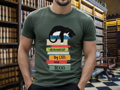 Cats and Books T-shirt, Distracted by Cats and Books Shirt, Cat Dad Shirt, Cat Mom Gift, Shirt for Cat Lovers, Librarian Gift, Reader Shirt