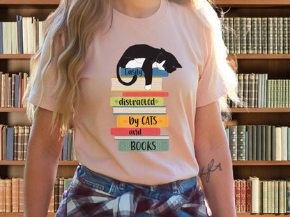 Cats and Books T-shirt, Distracted by Cats and Books Shirt, Cat Dad Shirt, Cat Mom Gift, Shirt for Cat Lovers, Librarian Gift, Reader Shirt