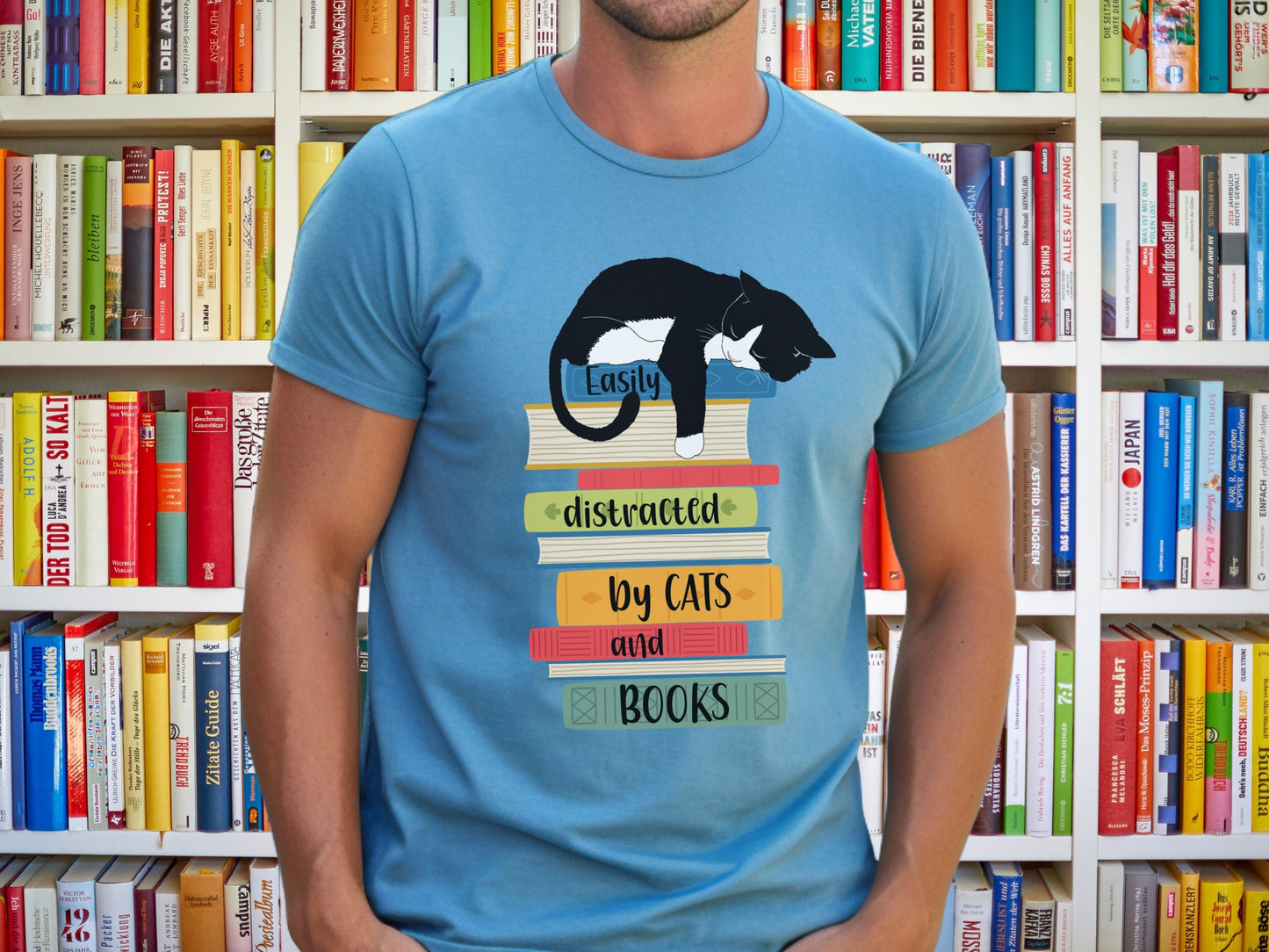 Cats and Books T-shirt, Distracted by Cats and Books Shirt, Cat Dad Shirt, Cat Mom Gift, Shirt for Cat Lovers, Librarian Gift, Reader Shirt