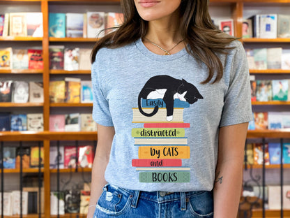 Cats and Books T-shirt, Distracted by Cats and Books Shirt, Cat Dad Shirt, Cat Mom Gift, Shirt for Cat Lovers, Librarian Gift, Reader Shirt