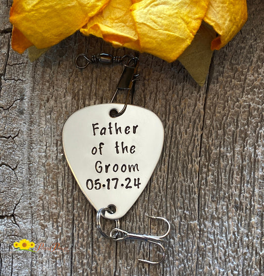 Father of the Bride Fishing Lure, Step Father of the Groom, Wedding Gift for Father, Custom, Hand Stamped Fish Hook, Dated Lure