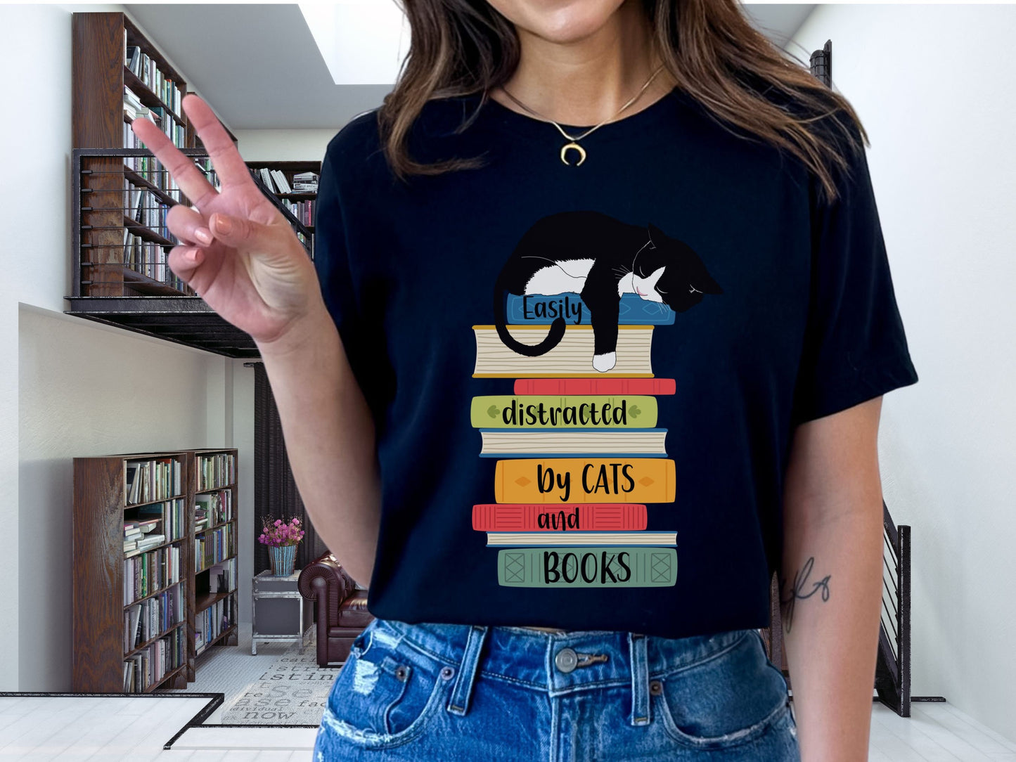 Cats and Books T-shirt, Distracted by Cats and Books Shirt, Cat Dad Shirt, Cat Mom Gift, Shirt for Cat Lovers, Librarian Gift, Reader Shirt