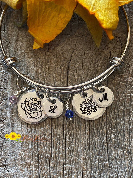 Personalized Flower Month Bangle, Family Charm Bracelet, Gift for Mothers or Grandmothers, Mother's Day Bracelet, Birth Flower Jewelry