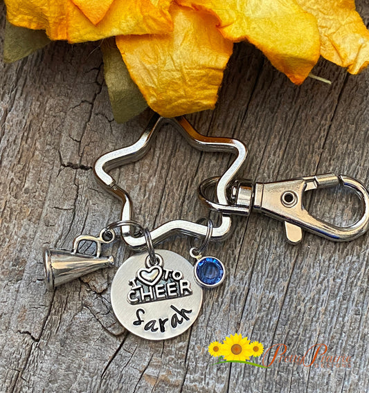 I Love to Cheer Keychain, Cheer Backpack Tag, Megaphone Keychain, Cheer Squad Gift, Cheer Mom or Dad, Cheer Gift, Hand Stamped, Personalized