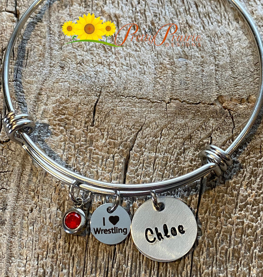Personalized Wrestling Bangle, Gift for Wrestling Fan, Female Wrestler Bracelet, Wrestling Mom Bangle, Wrestling Jewelry, Hand Stamped
