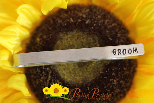 Groom Tie Clip - Hand Stamped Double Sided Tie Bar for Wedding - Wedding Date Groom's Gift - Tuxedo Accessories - Silver Tie Clip