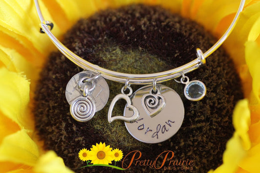Personalized Charm Bangle, Hand Stamped Jewelry, Girlfriend Gift, Heart Charm Bracelet, Birthstone, Teen Girl, Daughter Gift, Valentine Gift