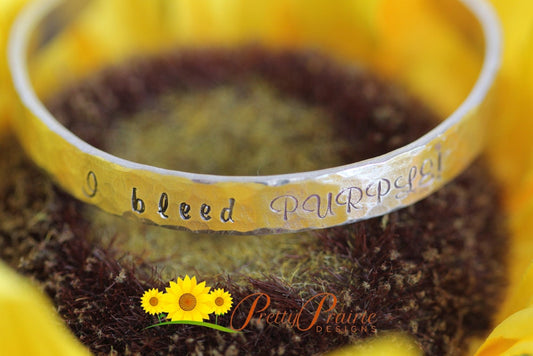 I Bleed Purple Cuff Bracelet, Favorite Team Jewelry, Hand Stamped, School Bracelet, Collegiate Gift, Graduation Present, Team Spirit Gift
