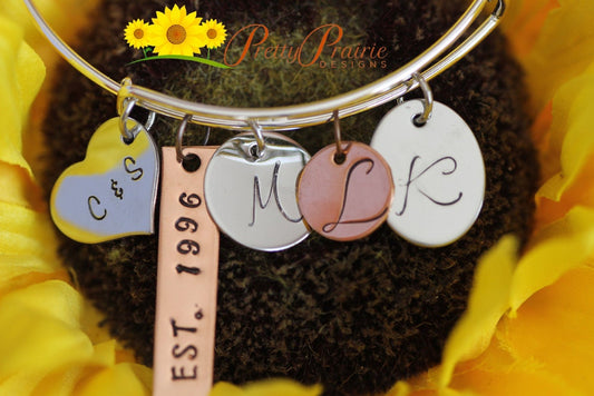 Family Initial Bangle Bracelet, Adjustable Bangle, Hand Stamped, Personalized, Mother's Day Gift, Anniversary Gift, Mixed Metal Bracelet