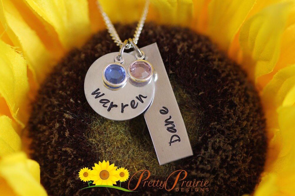 Personalized Disc and Bar Necklace, Children's Name, Engagement, BFF Gift, Birthstones, Anniversary, Hand Stamped, Mother's Day, Twins Gift