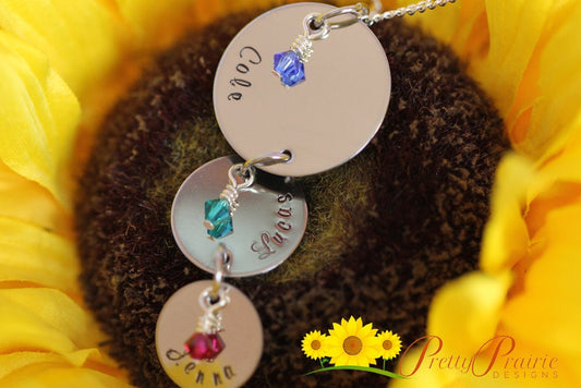 Baby Makes Three Hanging Disc Necklace, Personalized Jewelry, Family Members, New Mom, Hand Stamped, Mom of Three Gift, Mother's Day Jewelry