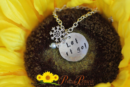 Let It Go Bracelet, Silver and Pearl, Hand Stamped, Custom, Snowflake Charm, Daughter or Sister Gift, Best Friend Gift, Ski Lover Jewelry