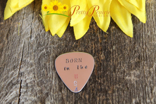 Born in the USA Guitar Pick, Military Guitar Pick, Deployment Gift, Hand Stamped, Musician Gift, Present for a Veteran, Guitarist Gift