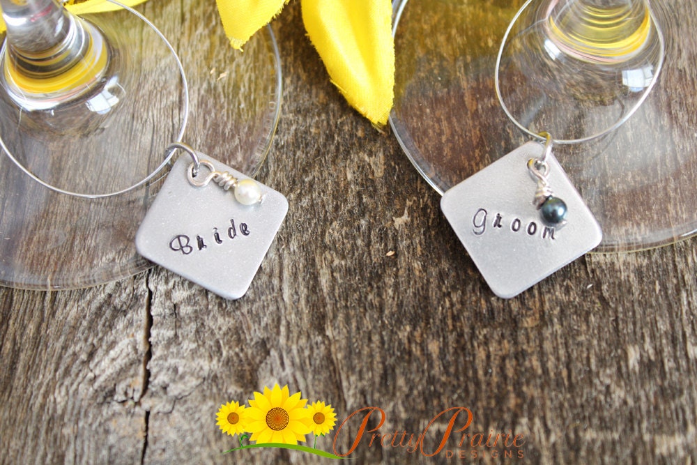 Wine Glass Charms - Bride and Groom Personalized Wine Charms - Hand Stamped Wine Charms - Wedding Favors for Guests or Couple