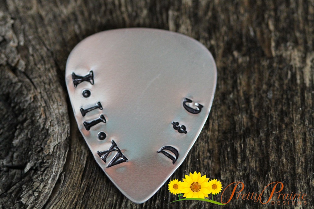 Roman Numeral Guitar Pick, Hand Stamped Pick, Anniversary Gift for Guitarist, Metal Date Pick, Personalized Musician Present, Memorial Pick