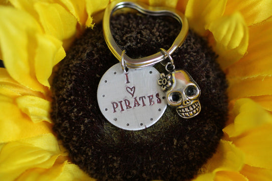 I love Pirates Keychain - Little Girls Backpack Tag - Skull Keychain - Pirate Keyring- First Day of School Gift for Child, Handmade