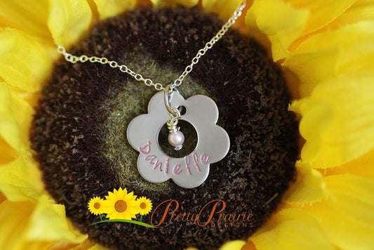 Flower Washer Name Necklace, Little Girl Jewelry, Daughter Gift, Hand Stamped, Flower Jewelry, Personalized, Washer Necklace, Pearl Charm