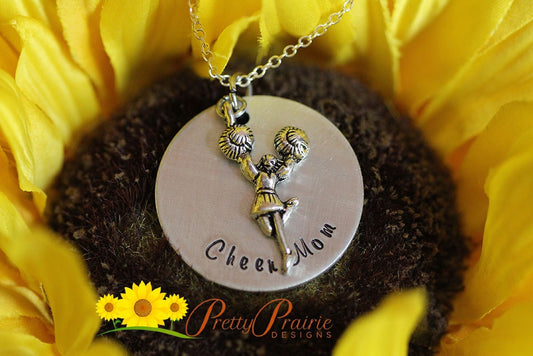 Cheer Mom Necklace, Gift for Cheer Team Mom, Hand Stamped, Cheerleader Mother's Gift, Cheerleader Grandma Gift, Cheerleader Keychain