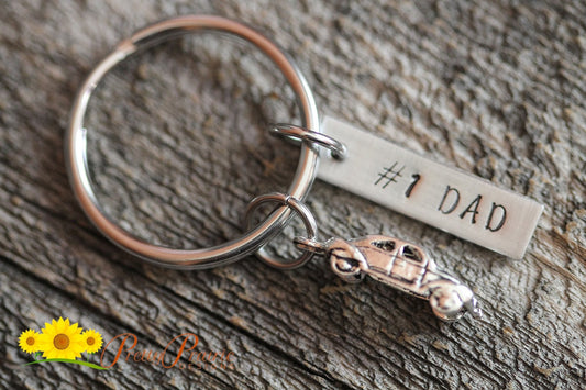 Classic Car Keychain - Hand Stamped #1 Dad - Automobile Keychain - Father's Day Gift - Vintage Car Keyring for Dad - Birthday or Anniversary