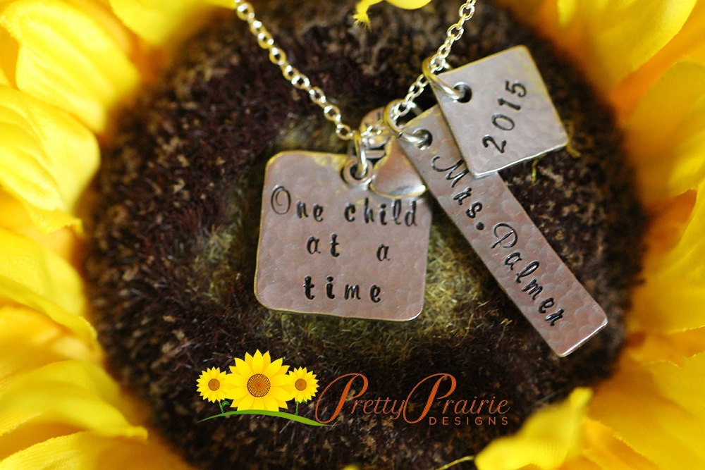 One Child at a Time Teacher Necklace, Personalized, Hand Stamped, Student Teacher, Teacher Retirement, First Day of School, Teacher Keychain