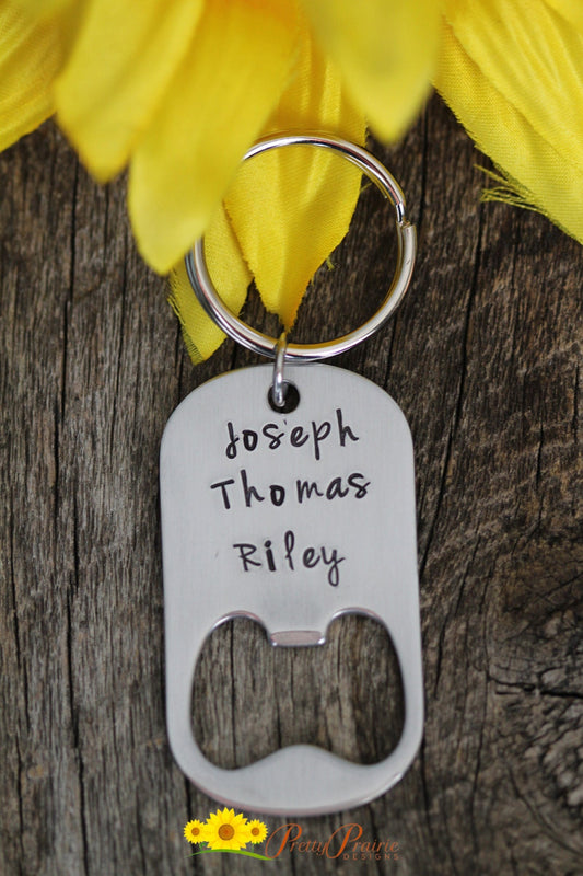 Personalized Bottle Opener, Keychain Bottle Opener, Dad Gift, Children's Names, Hand Stamped, Grandfather Present, Beer Lover Gift, Custom