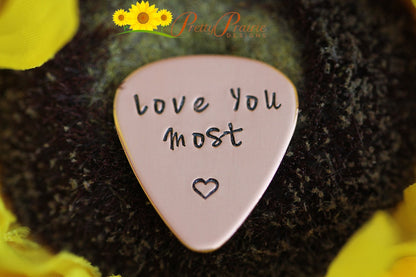 Love You Most Guitar Pick, Valentine Gift, Hand Stamped, Initial Pick, Musical Token, Anniversary Present, Promise Gift, Guitarist Present